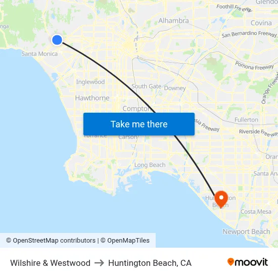 Wilshire & Westwood to Huntington Beach, CA map