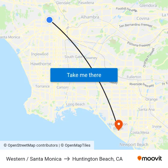 Western / Santa Monica to Huntington Beach, CA map