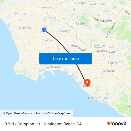 92nd / Compton to Huntington Beach, CA map