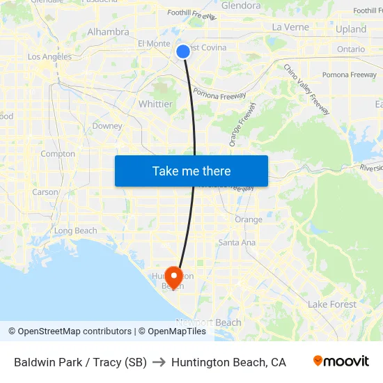Baldwin Park / Tracy (SB) to Huntington Beach, CA map