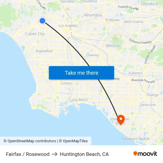 Fairfax / Rosewood to Huntington Beach, CA map