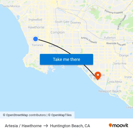 Artesia / Hawthorne to Huntington Beach, CA map