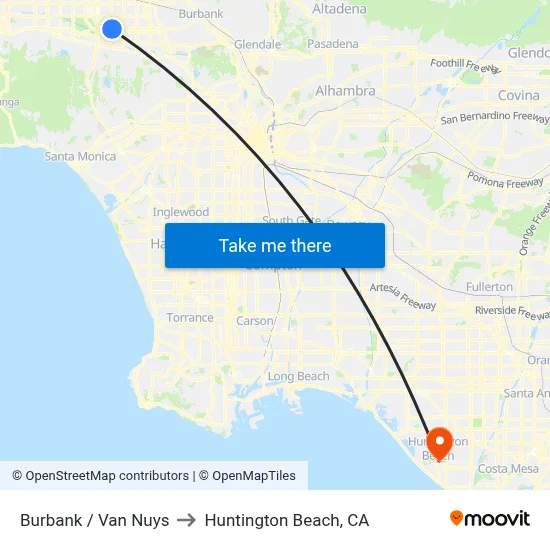 Burbank / Van Nuys to Huntington Beach, CA map