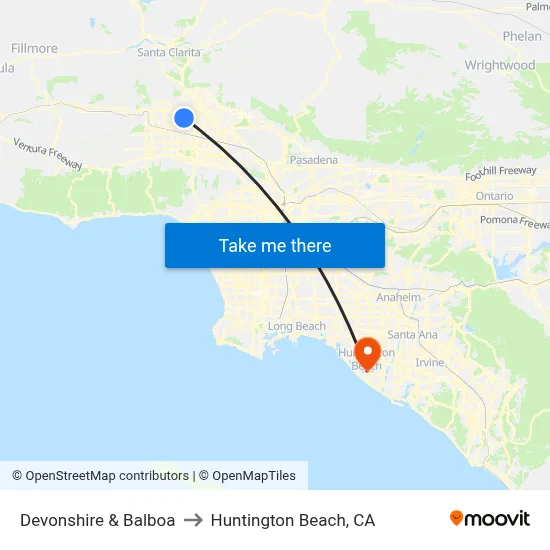 Devonshire & Balboa to Huntington Beach, CA map