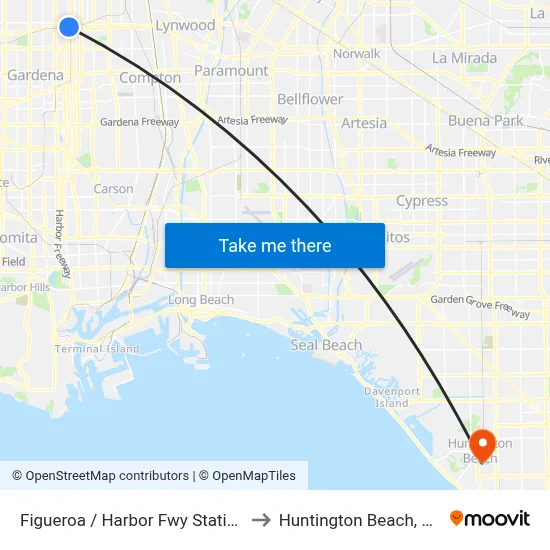 Figueroa / Harbor Fwy Station to Huntington Beach, CA map