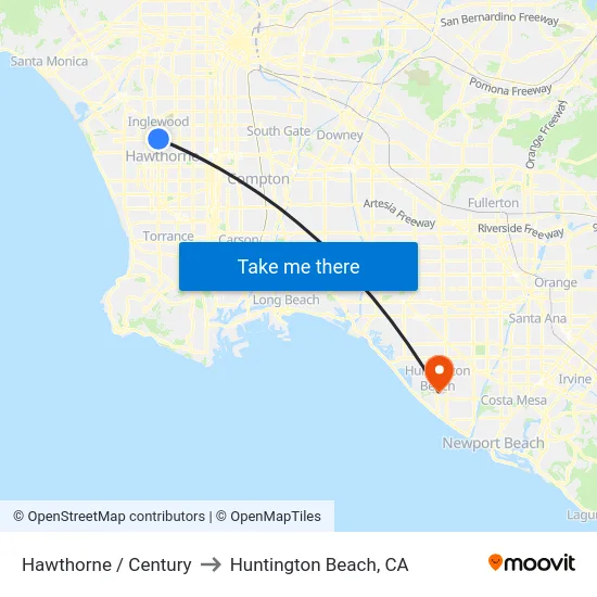 Hawthorne / Century to Huntington Beach, CA map