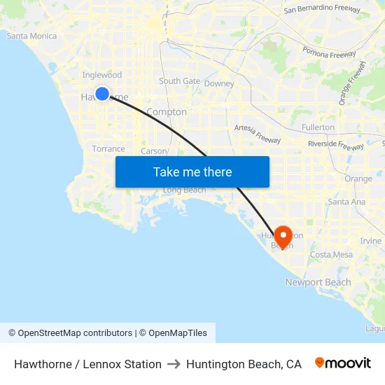 Hawthorne / Lennox Station to Huntington Beach, CA map