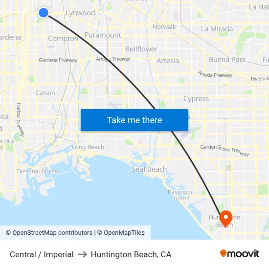 Central / Imperial to Huntington Beach, CA map