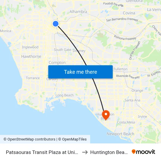 Patsaouras Transit Plaza at Union Station to Huntington Beach, CA map