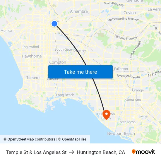 Temple St & Los Angeles St to Huntington Beach, CA map