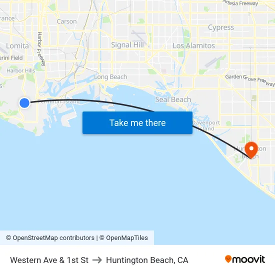 Western Ave & 1st St to Huntington Beach, CA map