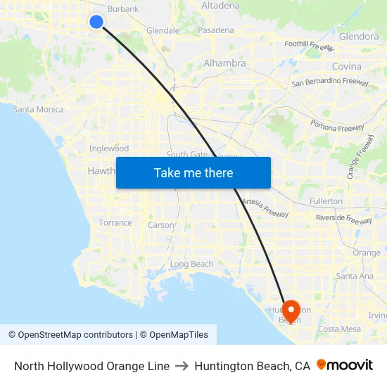 North Hollywood Orange Line to Huntington Beach, CA map