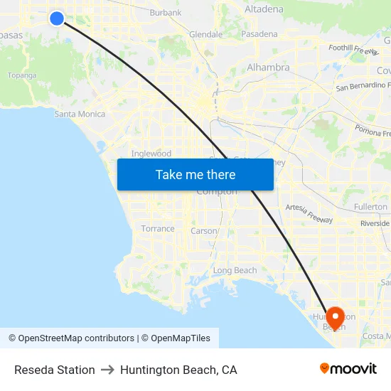 Reseda Station to Huntington Beach, CA map