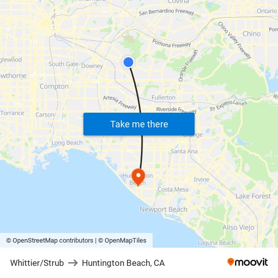 Whittier/Strub to Huntington Beach, CA map