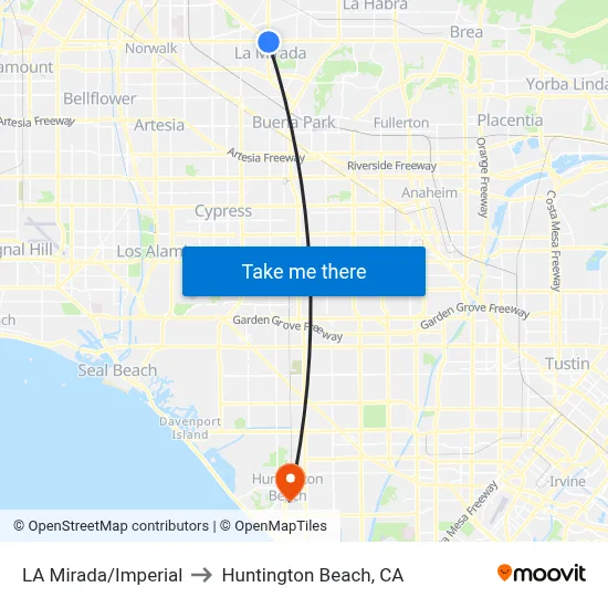 LA Mirada/Imperial to Huntington Beach, CA map