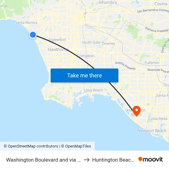 Washington Boulevard and via Marina to Huntington Beach, CA map