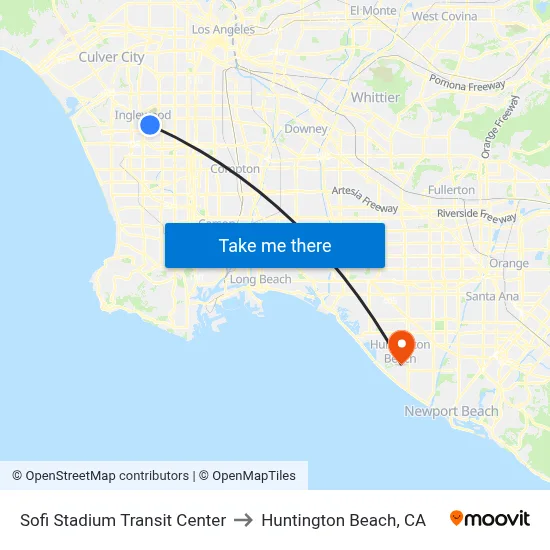 Sofi Stadium Transit Center to Huntington Beach, CA map