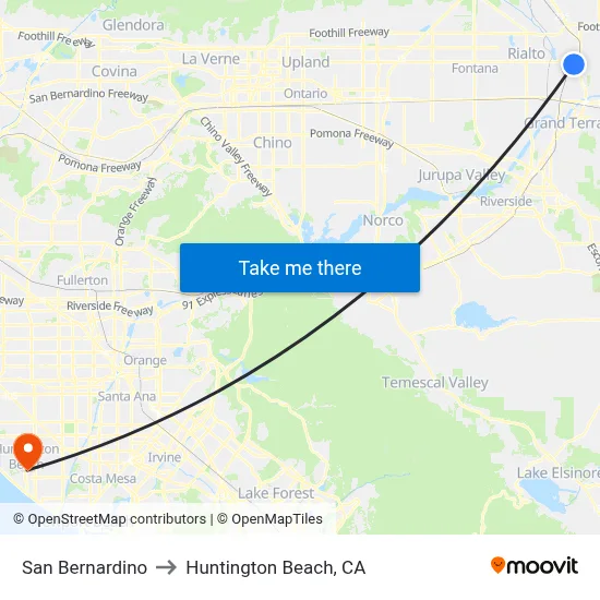 San Bernardino to Huntington Beach, CA map