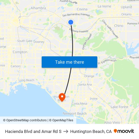 Hacienda Blvd and Amar Rd S to Huntington Beach, CA map