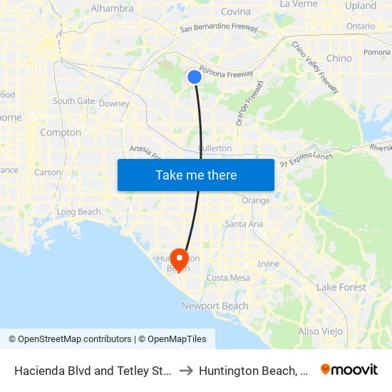 Hacienda Blvd and Tetley St N to Huntington Beach, CA map