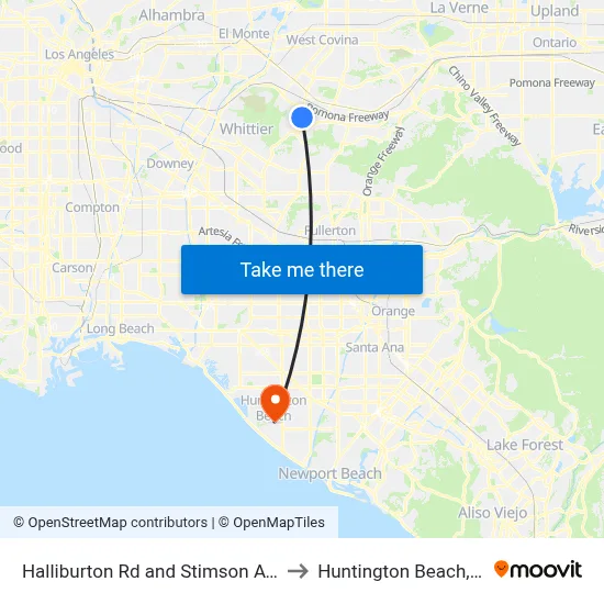 Halliburton Rd and Stimson Ave E to Huntington Beach, CA map