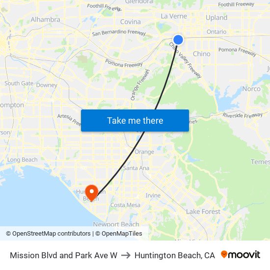 Mission Blvd and Park Ave W to Huntington Beach, CA map