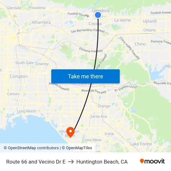 Route 66 and Vecino Dr E to Huntington Beach, CA map