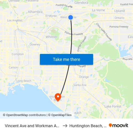 Vincent Ave and Workman Ave N to Huntington Beach, CA map