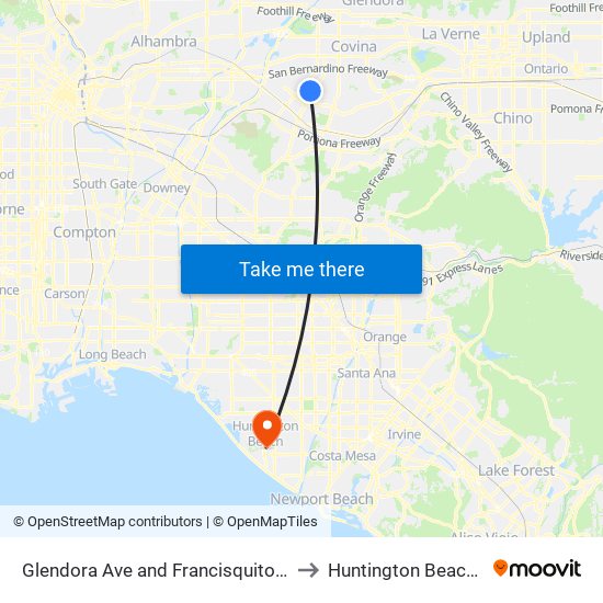 Glendora Ave and Francisquito Ave N to Huntington Beach, CA map