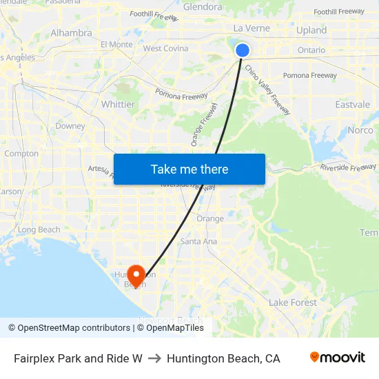 Fairplex Park and Ride W to Huntington Beach, CA map