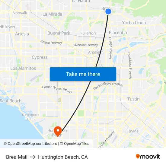 Brea Mall to Huntington Beach, CA map