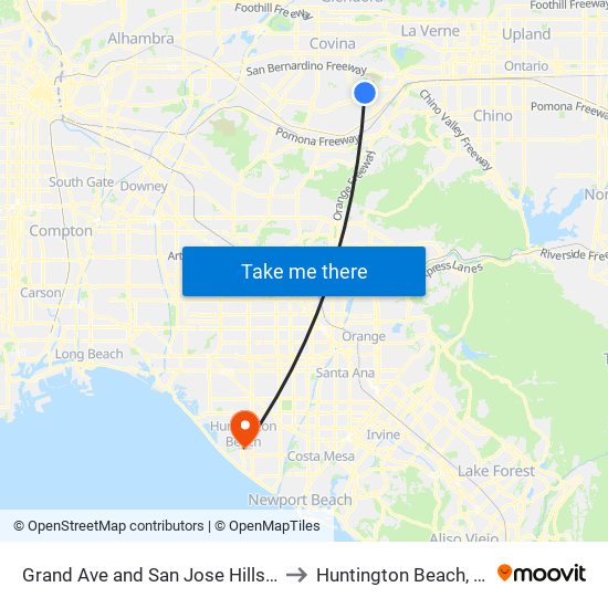 Grand Ave and San Jose Hills Rd to Huntington Beach, CA map