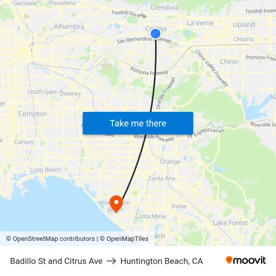 Badillo St and Citrus Ave to Huntington Beach, CA map