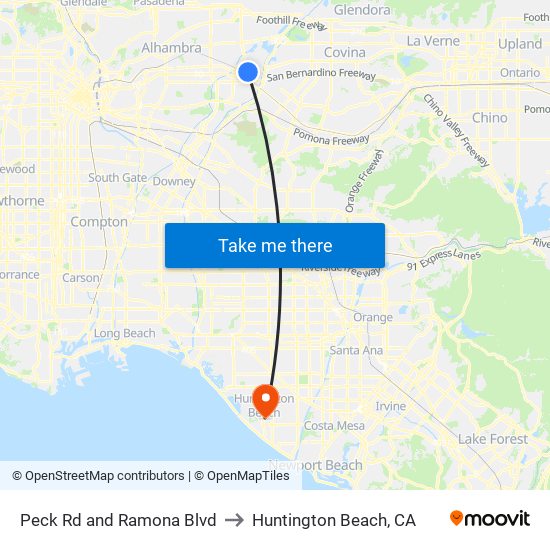 Peck Rd and Ramona Blvd to Huntington Beach, CA map