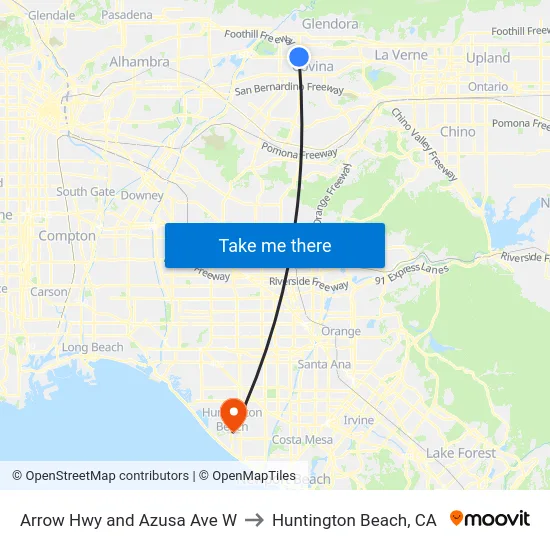 Arrow Hwy and Azusa Ave W to Huntington Beach, CA map