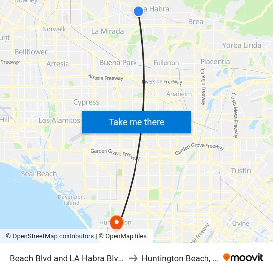 Beach Blvd and LA Habra Blvd N to Huntington Beach, CA map