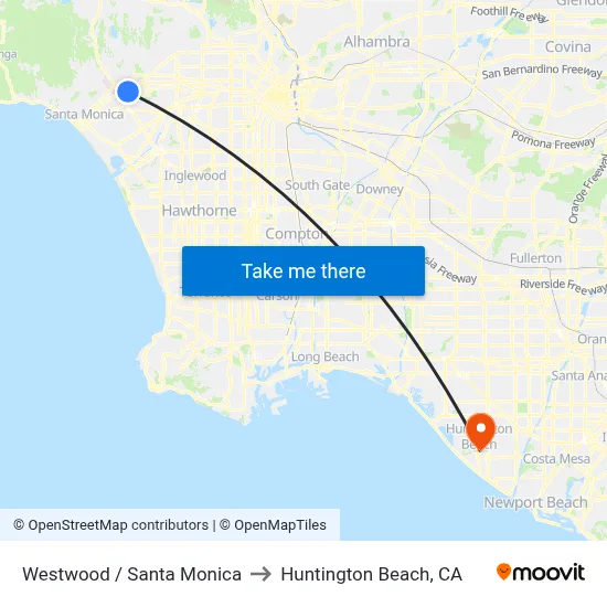 Westwood / Santa Monica to Huntington Beach, CA map