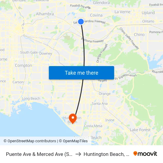 Puente Ave & Merced Ave (SW) to Huntington Beach, CA map