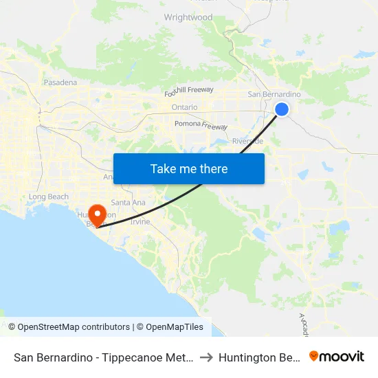 San Bernardino - Tippecanoe Metrolink Station to Huntington Beach, CA map