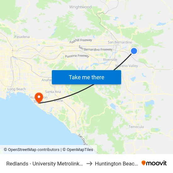 Redlands - University Metrolink Station to Huntington Beach, CA map