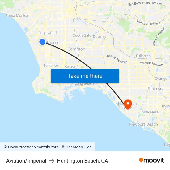 Aviation/Imperial to Huntington Beach, CA map