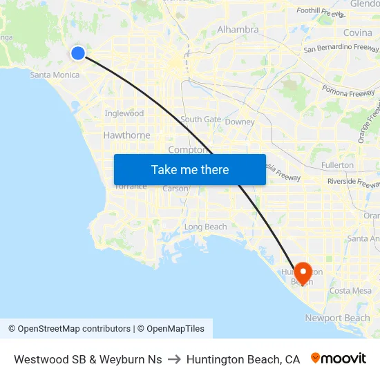 Westwood SB & Weyburn Ns to Huntington Beach, CA map