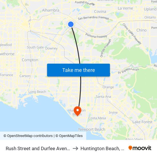 Rush Street and Durfee Avenue to Huntington Beach, CA map