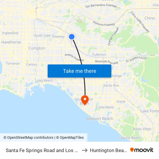 Santa Fe Springs Road and Los Nietos Roa to Huntington Beach, CA map