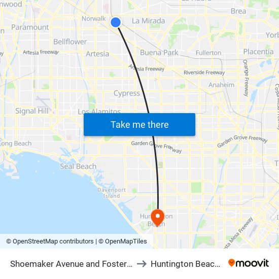 Shoemaker Avenue and Foster Road to Huntington Beach, CA map