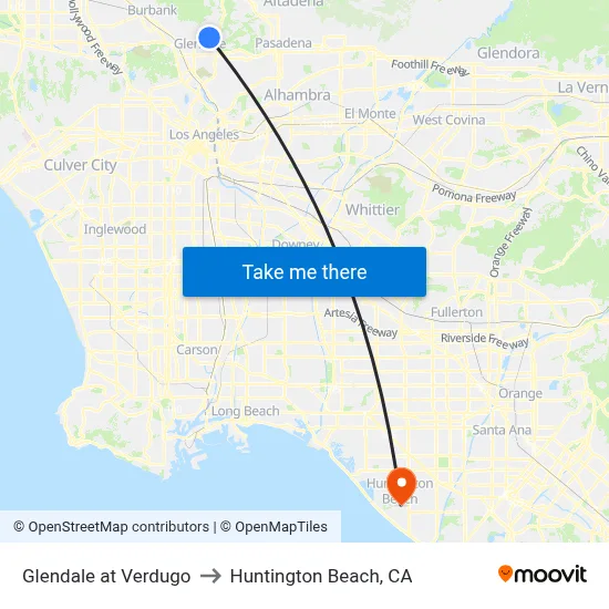 Glendale at Verdugo to Huntington Beach, CA map
