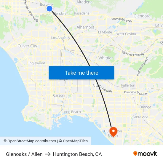 Glenoaks / Allen to Huntington Beach, CA map