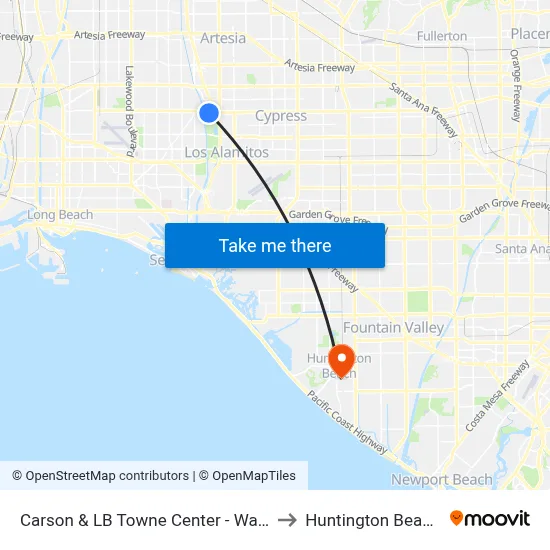 Carson & LB Towne Center - Walmart SE to Huntington Beach, CA map