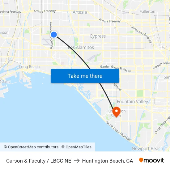 Carson & Faculty / LBCC NE to Huntington Beach, CA map
