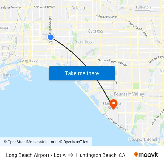 Long Beach Airport / Lot A to Huntington Beach, CA map